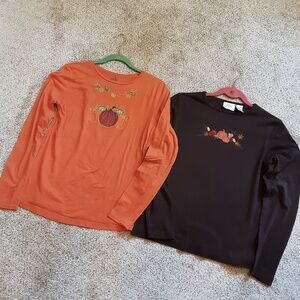 2 Fall Pumpkin Long Sleeve Jersey Knit Tees Women's Sz S Brown Orange
